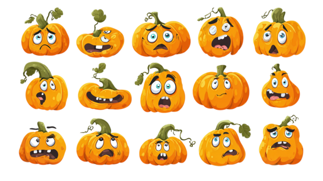 Collection of cartoon pumpkins with expressive faces isolated on transparent background 