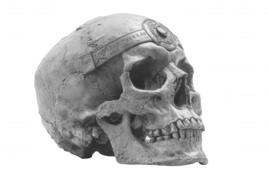 Detailed human skull with ornate metal band and inscription isolated on transparent background