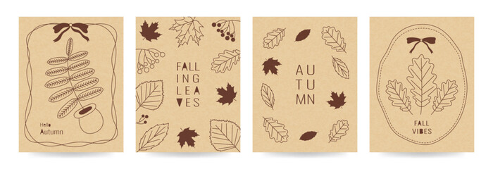Hello autumn vintage poster set. Retro frame with bow, ribbon. Collection of templates with falling leaves. Grainy photocopy effect for flyer, banner, social media, card. Fall vibes text on cardboard