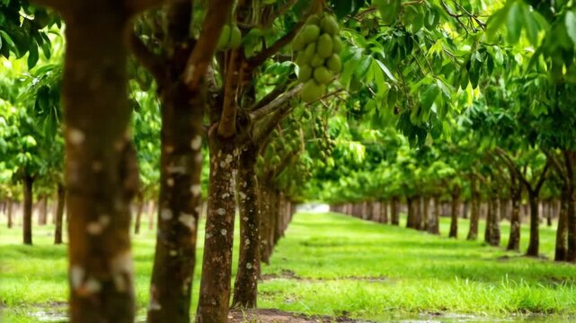 Row of Green Tree Orchard with Light Green Fruits on a Sunny Day With Lush Grass Growing On The Ground In a Serene Field of Natural Beauty