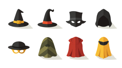 Collection of flat Halloween costume icons including hats, masks, and cloaks, isolated on transparent background 