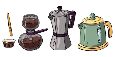 set of items for making coffee. Colorful illustration of isolated. Electric kettle, geyser coffee maker, vacuum brewer, portioned cream, and wooden stirring stick. hot and invigorating coffee beverage