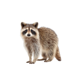 Fototapeta premium Curious raccoon standing upright on a white background looking at the camera with its furry coat and mask-like face distinctly visible