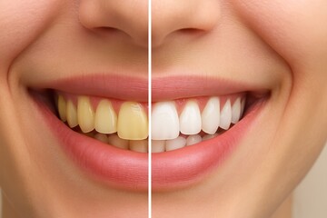 Teeth whitening before and after showing significant improvement in smile brightness and oral health.