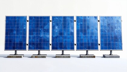 Six blue solar panel arrays mounted on angled metal stands, arranged in two rows for optimized sunlight absorption.