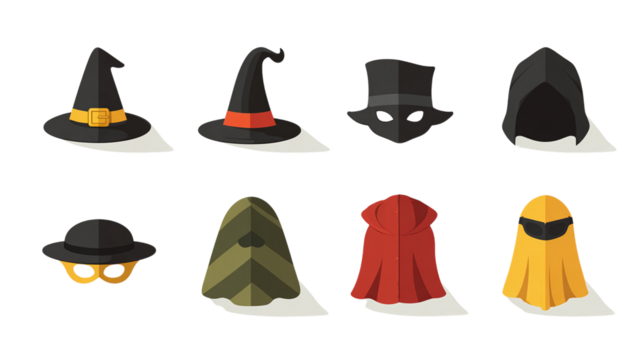 Collection of flat Halloween costume icons including hats, masks, and cloaks, isolated on transparent background 
