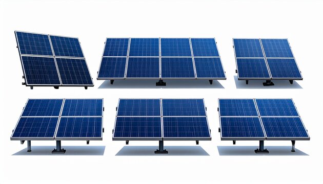 Six blue solar panel arrays mounted on angled metal stands, arranged in two rows for optimized sunlight absorption.