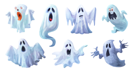 Collection of Halloween ghost illustrations in varying shapes, playful spooky style, isolated on transparent background