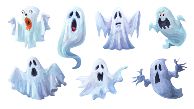 Collection of Halloween ghost illustrations in varying shapes, playful spooky style, isolated on transparent background 