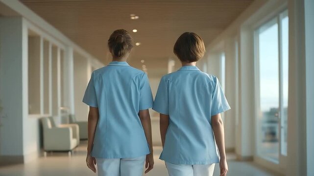 two nurses walking opposite directions in symmetrical hallway interior design supporting efficient medical routines three quarter wide angle cinematic color correction gentle bac