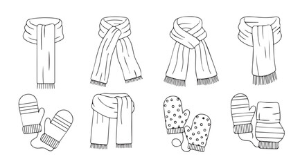 Collection of scarves and mittens illustrated in a distinctive silhouette style