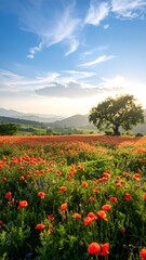 Fototapeta premium Vibrant red poppy flower field at sunset with colorful sky