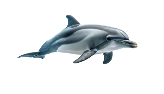 A sleek, grey dolphin with a distinctive dark stripe along its side, swimming gracefully against a black background, rendered in realistic detail