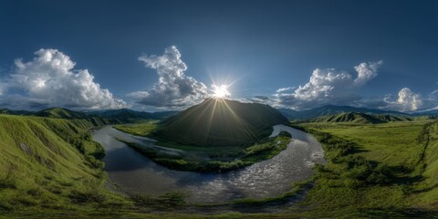 Breathtaking hdr panorama of river valley landscape at sunset nature high-resolution view