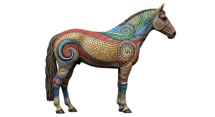 Fototapeta premium A beautifully decorated horse sculpture adorned with colorful mosaic patterns and swirling designs.