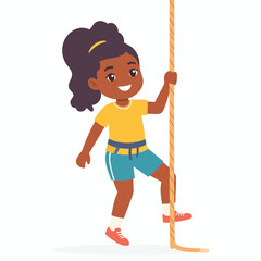 Obraz premium A young girl with a harness is climbing a rope, smiling with determination.