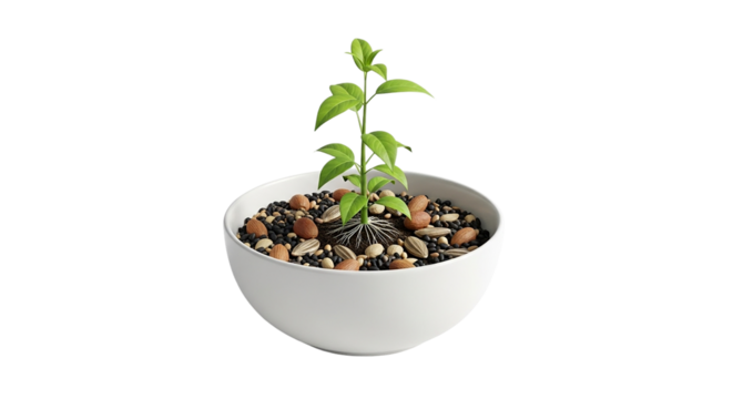 A hopeful sapling emerges from a bed of seeds a symbol of new beginnings and resilient growth in a bright white bowl on