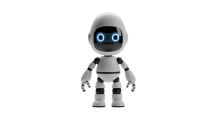 A whimsical robot friend with glowing blue eyes stands ready for adventure in the digital age against a sleek black
