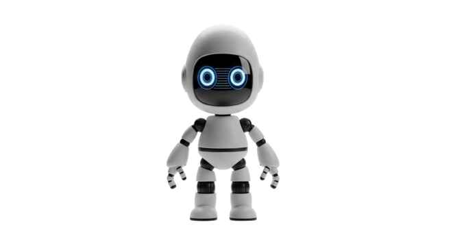 A whimsical robot friend with glowing blue eyes stands ready for adventure in the digital age against a sleek black
