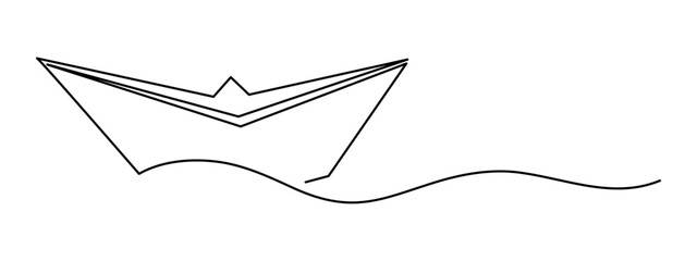 Paper boat origami one line art, hand-drawn ship sailing on wavy water river continuous contour. Trendy sea yacht sailboat travel journey trip outline minimalist linear symbol. Editable stroke. Vector