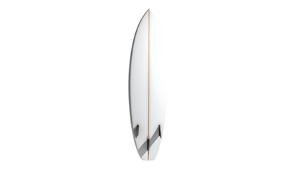 A minimalist white surfboard with a subtle, light wood center stripe and three fins, viewed from above against a black background