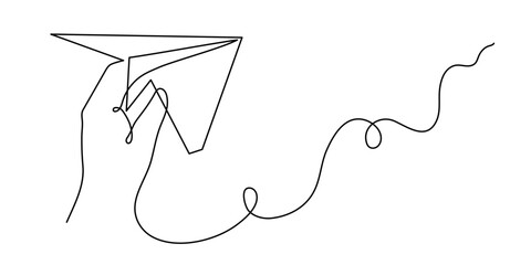 Hand launches paper plane up origami one line art, hand-drawn palp throwing airplane flying in air continuous contour. Trendy aeroplane travel journey trip vacation outline linear symbol. Editable