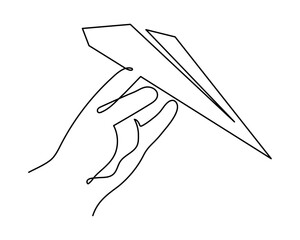 Hand launches paper plane up origami one line art, hand-drawn palp throwing airplane flying in air continuous contour. Trendy aeroplane travel journey trip vacation outline linear symbol. Editable