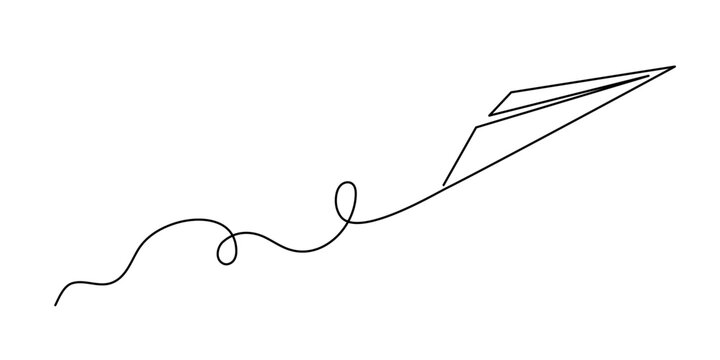 Paper plane origami one line art, hand-drawn airplane flying in air up continuous contour. Trendy aeroplane travel journey trip vacation outline minimalist linear symbol. Editable stroke