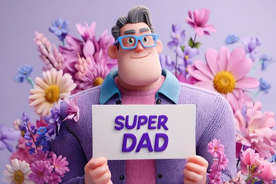 A fathera??s day scene of a man wearing glasses holding a "Super Dad" sign, making his special day even more festive and memorable. - Powered by Adobe