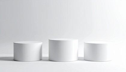Three white cylinders on white surface, minimal design, soft shadows