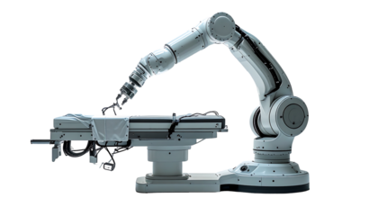 A sleek, white robotic arm manipulates a fabric-draped object on a stationary base, against a black backdrop; advanced technology and precision are implied