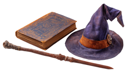 Collection of witchcraft cutout props including spellbook, wand, and hat, isolated on transparent background 