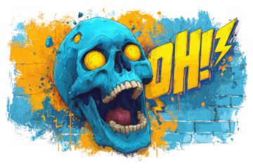 Screaming blue skull with yellow eyes and oh exclamation isolated on transparent background