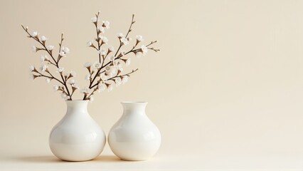 Two White Vases with Cherry Blossoms