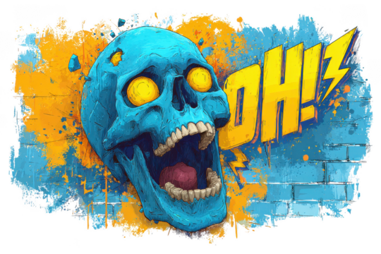Screaming blue skull with yellow eyes and oh exclamation isolated on transparent background