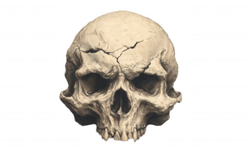 Detailed engraving of a cracked human skull isolated on transparent background