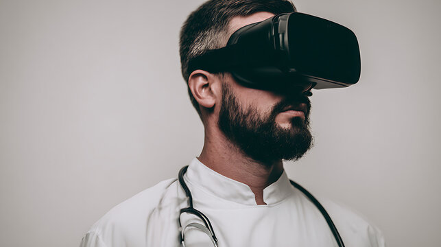 Medical professional wearing virtual reality headset and stethoscope - Powered by Adobe
