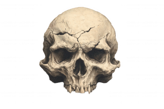Detailed engraving of a cracked human skull isolated on transparent background