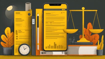 Phone with ballot and scales icon representing civic tech, digital democracy, and tools for inclusive political engagement. 