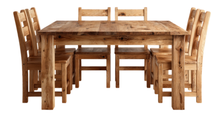 Rustic Wooden Dining Table with Chairs on Transparent Background