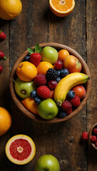 Photorealistic Rustic Fruit Bowl – Fresh Mixed Fruits with Vibrant Colors on Wooden Table