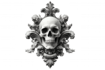 Ornate skull sculpture with acanthus leaves and cherubs isolated on transparent background