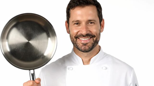 Smiling Chef in White Uniform Holds a Shiny Silver Frying Pan Against a Bright White Background, Perfect for Cooking Recipes