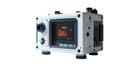 Off-white, rugged camera body with digital display, lens, and various ports and mounts