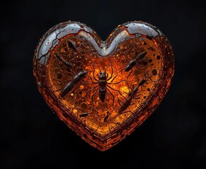 heart shaped translucent amber object glowing with encased ants insects inside cracked textured surface artistic fossil effect unique design concept symbol of love time preservation