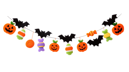 Colorful Halloween garland with pumpkins, bats, and candy shapes, festive decoration, isolated on transparent background 