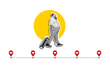 Composite trend sketch collage of summer vacation travel trip tourism way journey geo point map mark line aged man walk hand hold baggage