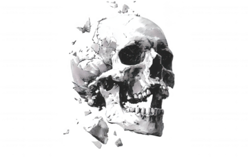 Detailed black and white skull illustration fragmenting into pieces isolated on transparent background