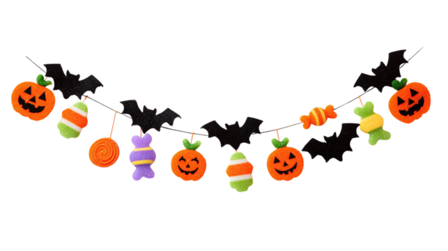 Colorful Halloween garland with pumpkins, bats, and candy shapes, festive decoration, isolated on transparent background 