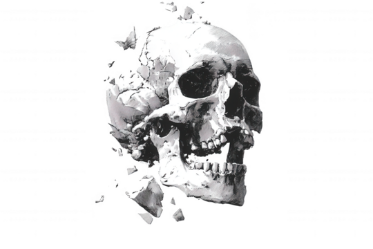 Detailed black and white skull illustration fragmenting into pieces isolated on transparent background